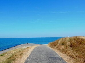 En asfalterad stig leder ner till stranden, och ovanför sträcker sig en klarblå himmel.