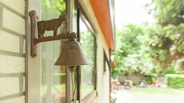 A rustic bell mounted on a window with a metal animal figure.