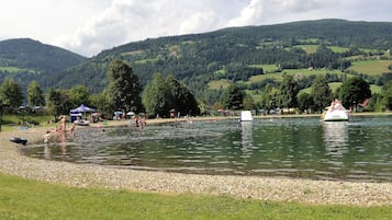 Seeblick mit einem Boot, schwimmenden Personen und einer grünen Uferwiese mit Bäumen.