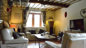 A cozy living room with a fireplace, a television, and a stone wall. - Champlon Villa near Forest (Champlon)