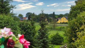 Ein gelbes Haus, umgeben von üppigem Grün und blauem Himmel.
