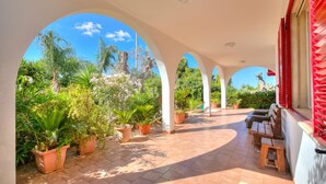 A covered outdoor area with potted plants, wooden benches, and a clear blue sky.