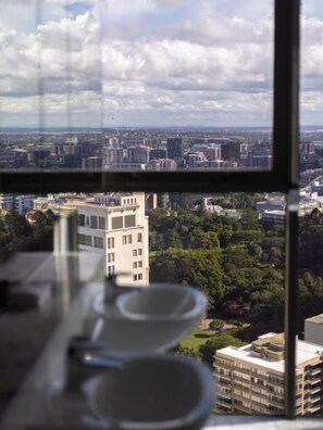 A view through a window of a cityscape with buildings and greenery.