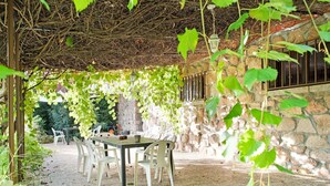 Un espace extérieur aménagé pour les repas, avec un mur en pierre et une pergola recouverte de plantes grimpantes.