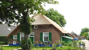 A traditional brick house with a thatched roof, green shutters, and a blue-painted base.