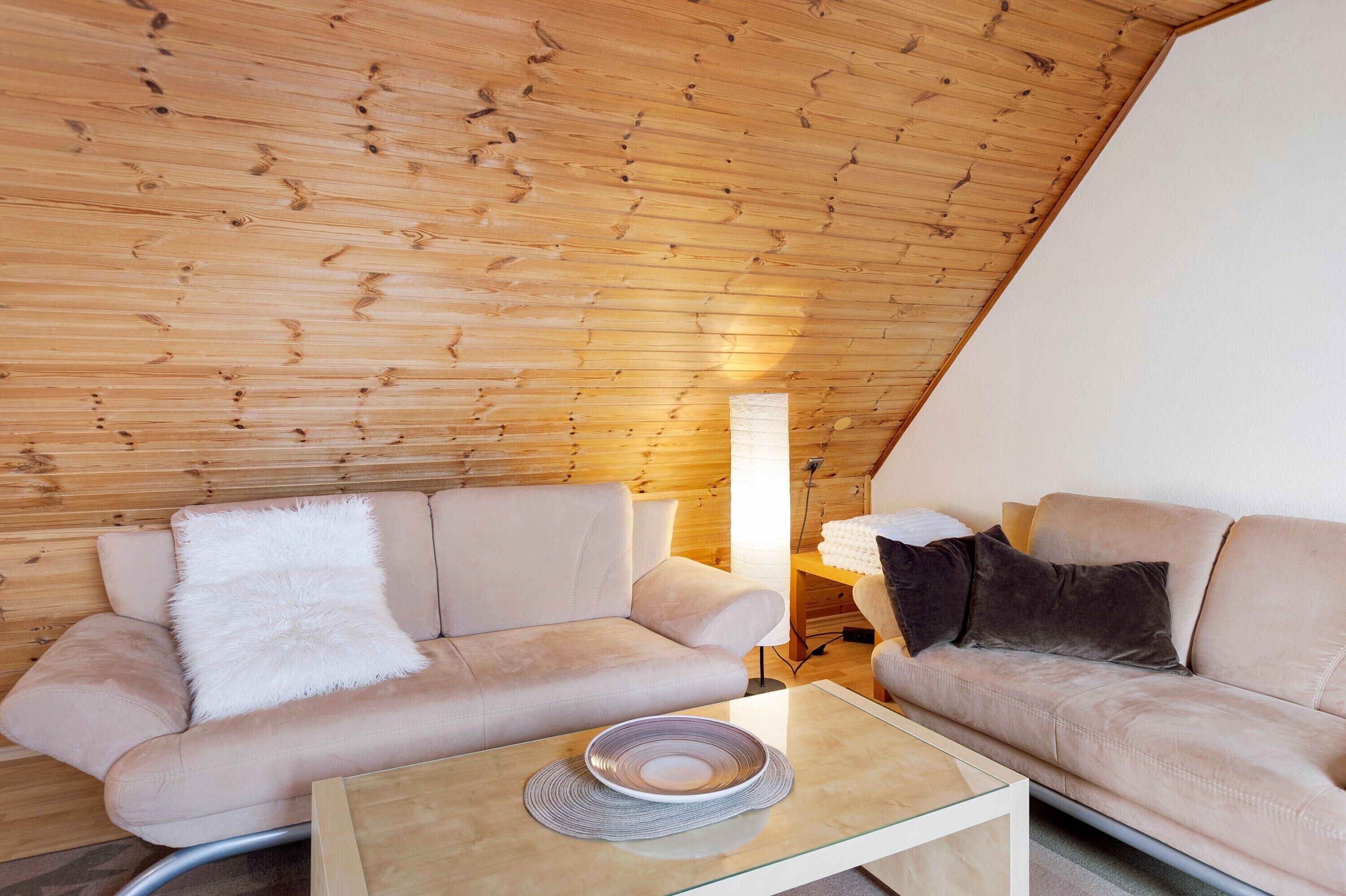 Une pièce chaleureuse avec un plafond aux lambris en bois, deux canapés avec des coussins, une table basse en verre et un grand lampadaire.