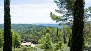 Vista desde una terraza con suelo de baldosas, con vistas a un valle boscoso con casas y cielo despejado.