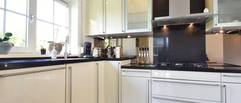 Fridge, stovetop, dishwasher, coffee/tea maker