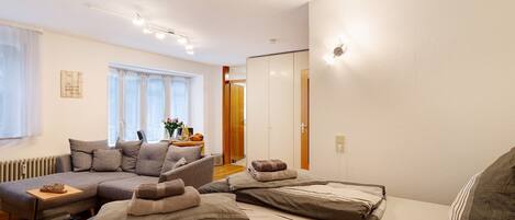 Une chambre moderne avec un canapé, deux lits, un radiateur et une porte en bois.