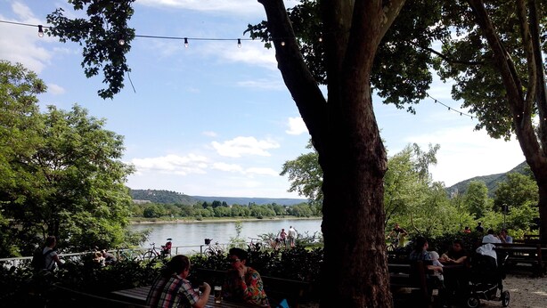Un área de estar al aire libre junto al lago, con bancos y mesas de madera, rodeada de árboles y vistas al lago.