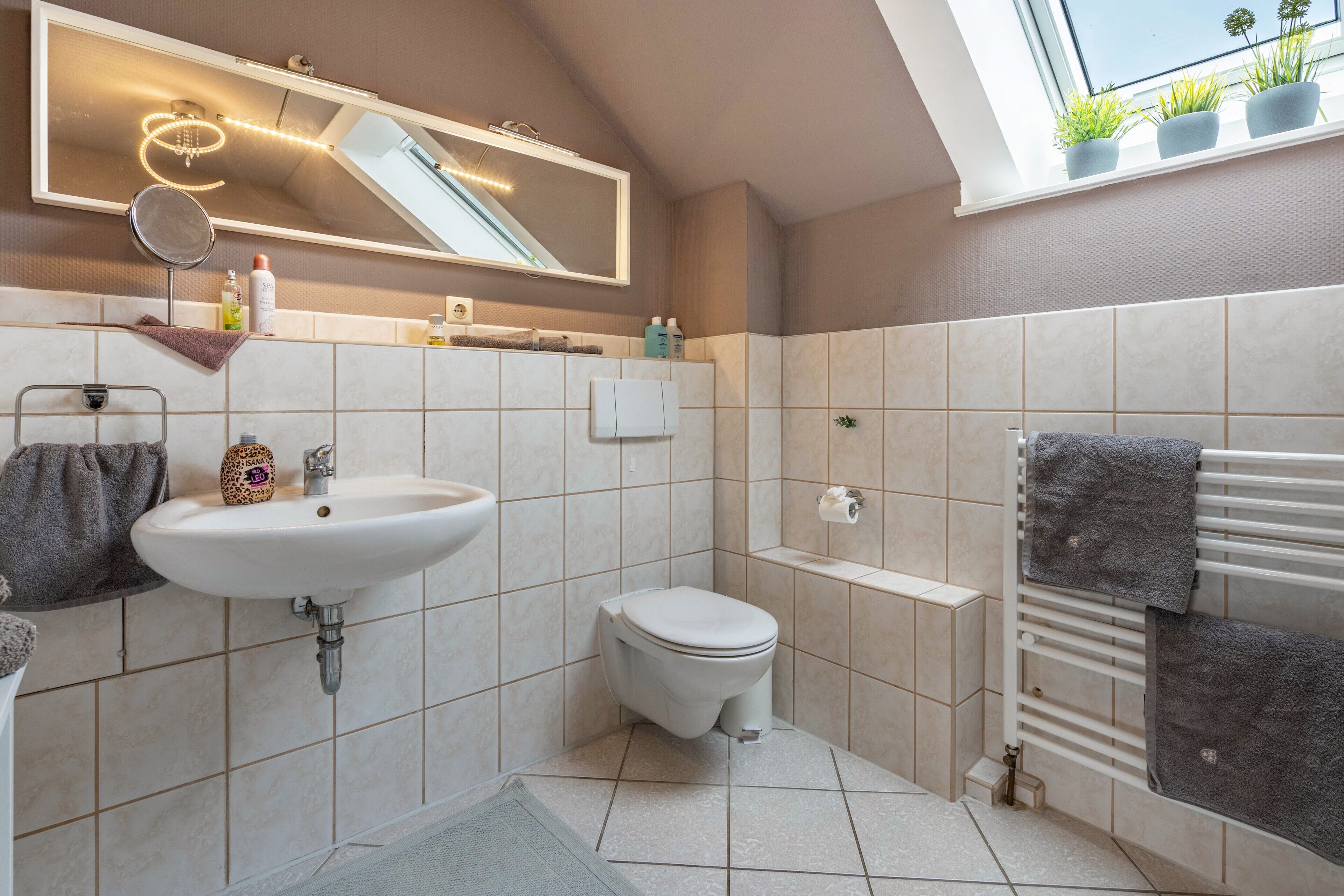 A modern bathroom with a skylight, a sink, a toilet, and a towel rack.