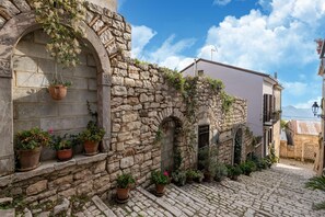 Una calle adoquinada con edificios de piedra, plantas en macetas y un cielo despejado.