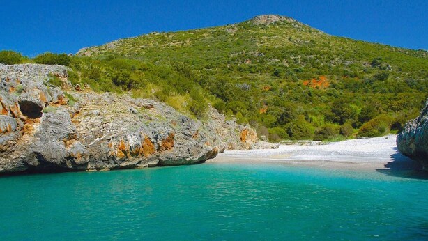 Eine Küstenlandschaft mit einem Felsen, einem Sandstrand und einem Hügel mit dichter Vegetation.