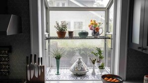 A kitchen with a window, a knife block, a bowl of fruit, and various potted plants. - Cozy family home minutes from The University of Puget Sound! (Tacoma)