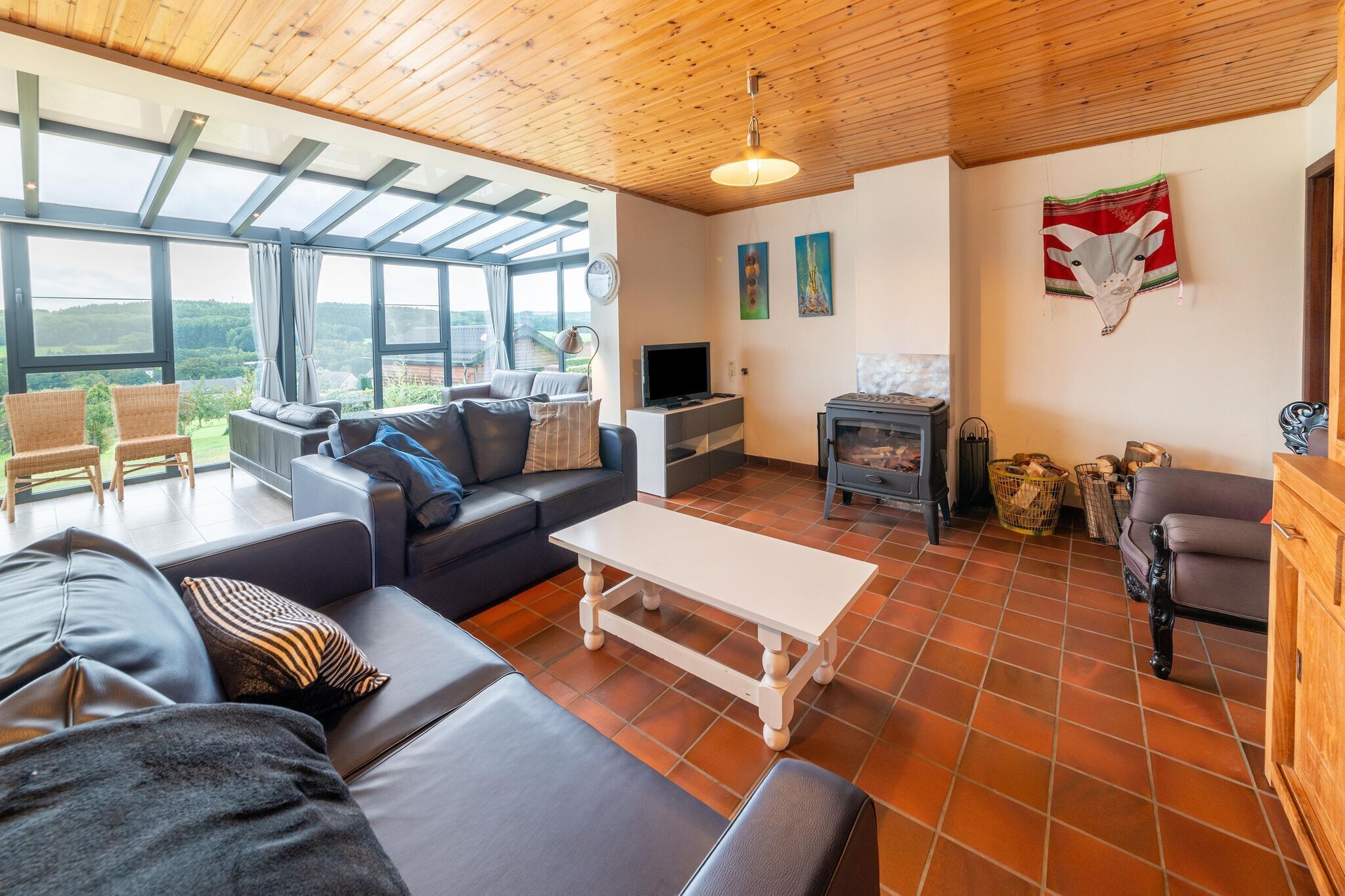 Smart TV, fireplace, books