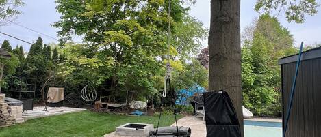 A backyard with a trampoline, a tree, a swimming pool, and a covered patio area.