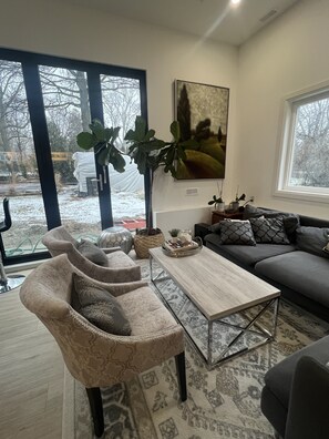 Smart TV, fireplace, foosball, video library