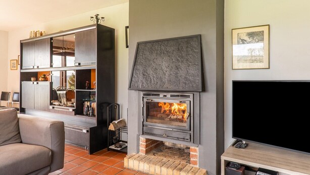 A modern living room with a fireplace, built-in shelving, and a flat-screen TV. - Holiday home Les Hirondelle for 8 persons (Bievre)