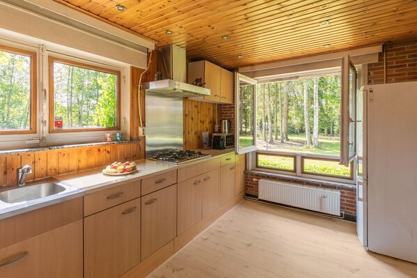 Fridge, microwave, stovetop, coffee/tea maker