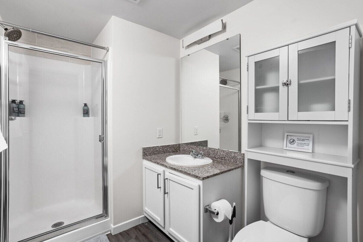 Un bagno con box doccia in vetro, lavabo con piano in granito, WC e un armadietto con specchio.