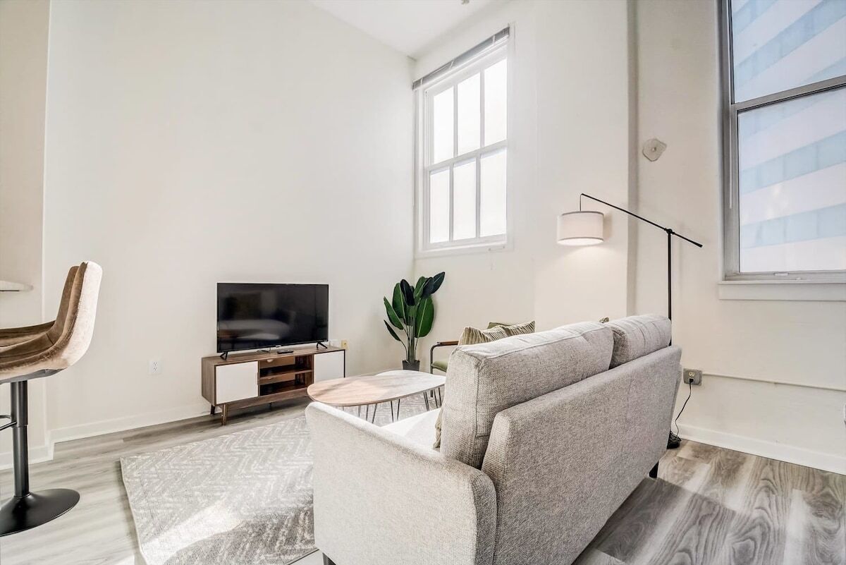 A modern living room with a sofa, TV, and a plant.