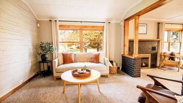 TV, fireplace, books