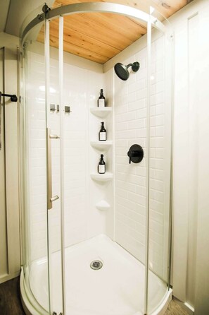 Shower, hair dryer, shampoo