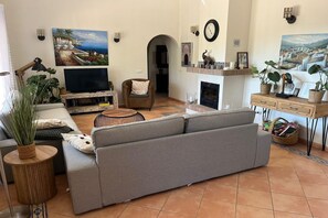 TV connectée, cheminée, lecteur de DVD, chaîne hi-fi