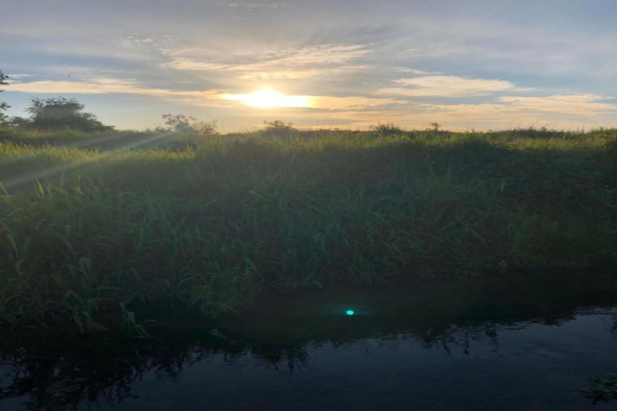 A sunset over a grassy field with a calm body of water reflecting the sky.
