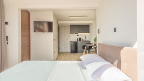 Une chambre d’hôtel avec un lit, un téléviseur fixé au mur, une kitchenette et une salle de bain visible à travers une porte ouverte.