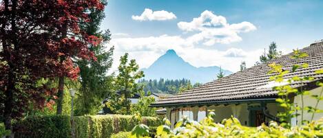 A rural landscape with a mountain in the background, a pathway, and a building with a tiled roof.