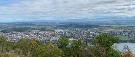 A panoramic view of a city with a river, surrounded by hills and mountains.