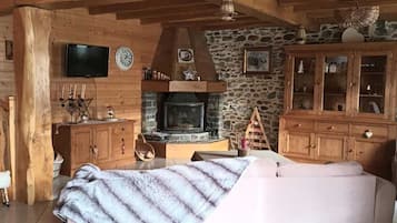 Télévision, cheminée, livres