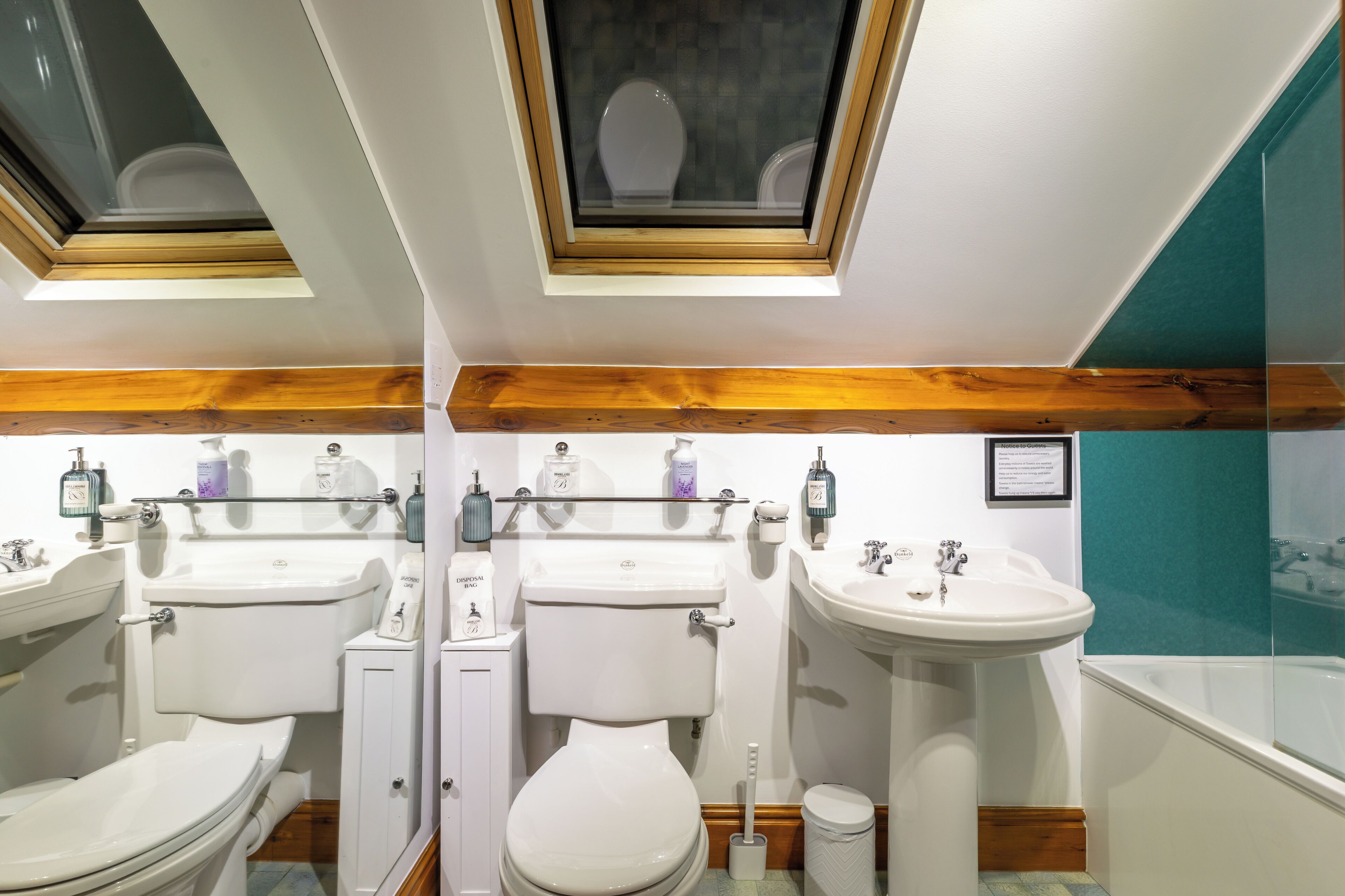 A modern bathroom with a skylight, two toilets, a sink, and a bathtub.