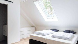 A modern bedroom with a skylight, two beds, and a built-in wardrobe.