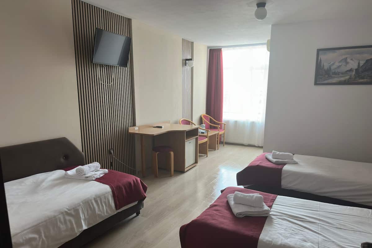 Ett hotellrum med två sängar, ett skrivbord och en TV.