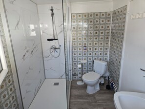 Shower, hair dryer, towels, toilet paper