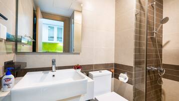 Hair dryer, bidet, towels, soap