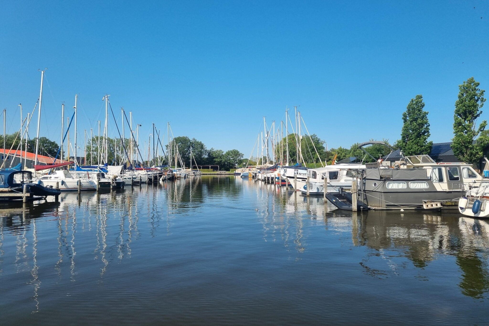 Ein Yachthafen mit verschiedenen Booten, ruhigem Wasser und blauem Himmel.
