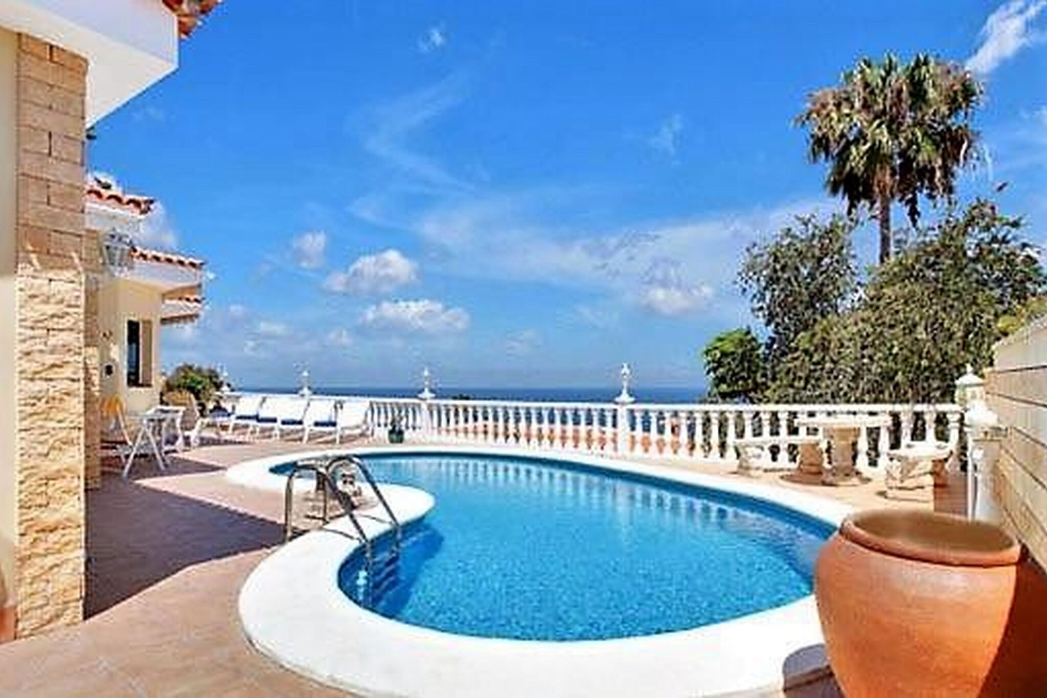 Ein Pool mit freiem Blick auf den Ozean, einem weißen Zaun und einer Palme.