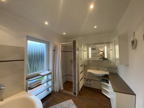 Hair dryer, towels, soap, toilet paper