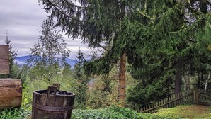A rustic wooden barrel in a forested area with a wooden fence and a mountain in the background. - Holiday Home in Edlitz near Ski Slopes (Edlitz)