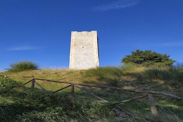 Una alta y estrecha torre de piedra sobre una colina cubierta de hierba, con un cielo azul despejado.