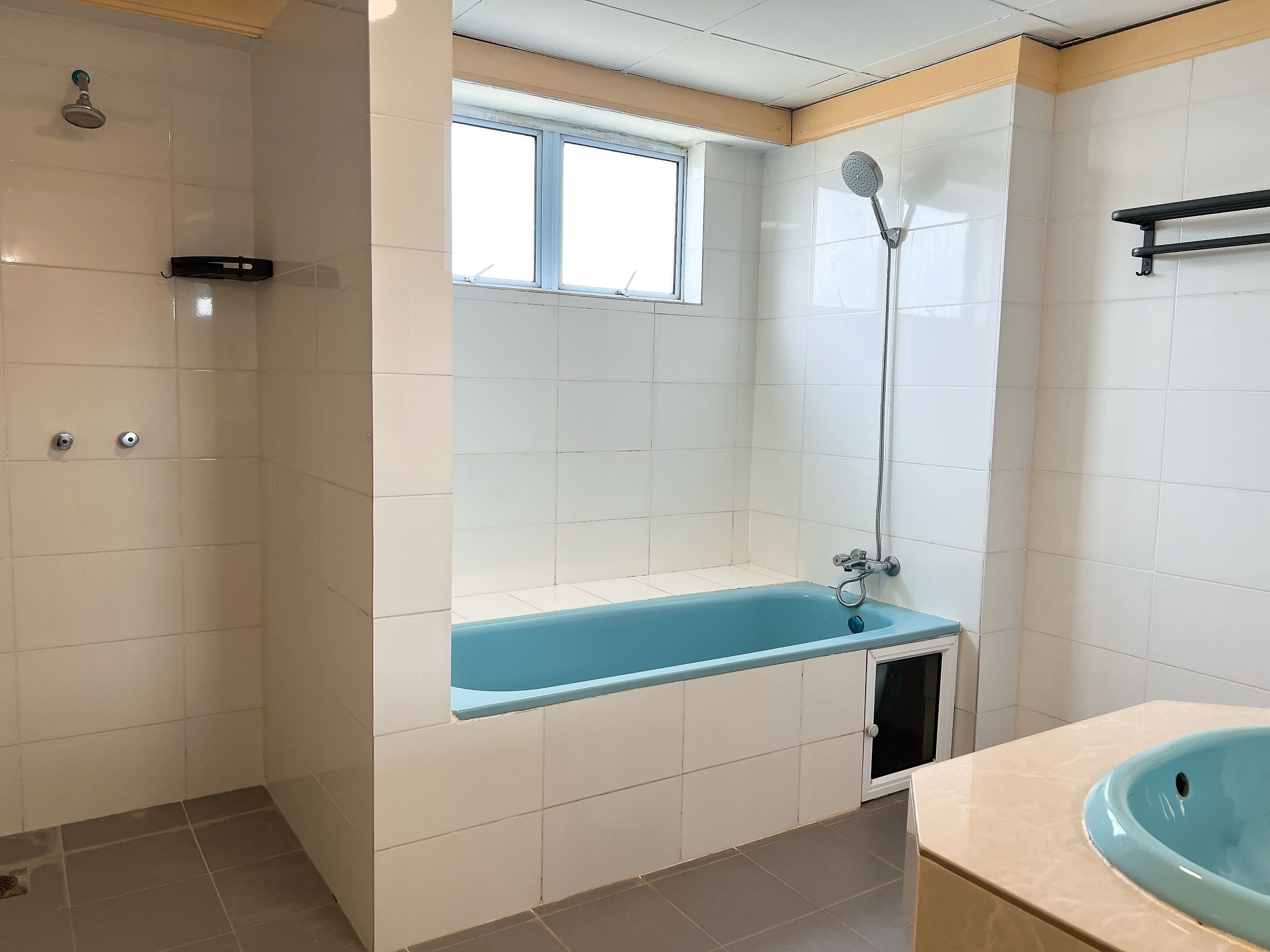 Un baño con bañera, ducha, ventana y lavamanos.