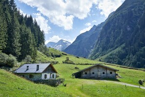 A rural setting with two stone buildings, one with a sloped roof and another with a flat roof, surrounded by lush green fields and mountains in the background. - Apartment in Mittersill near ski lift (Mittersill)