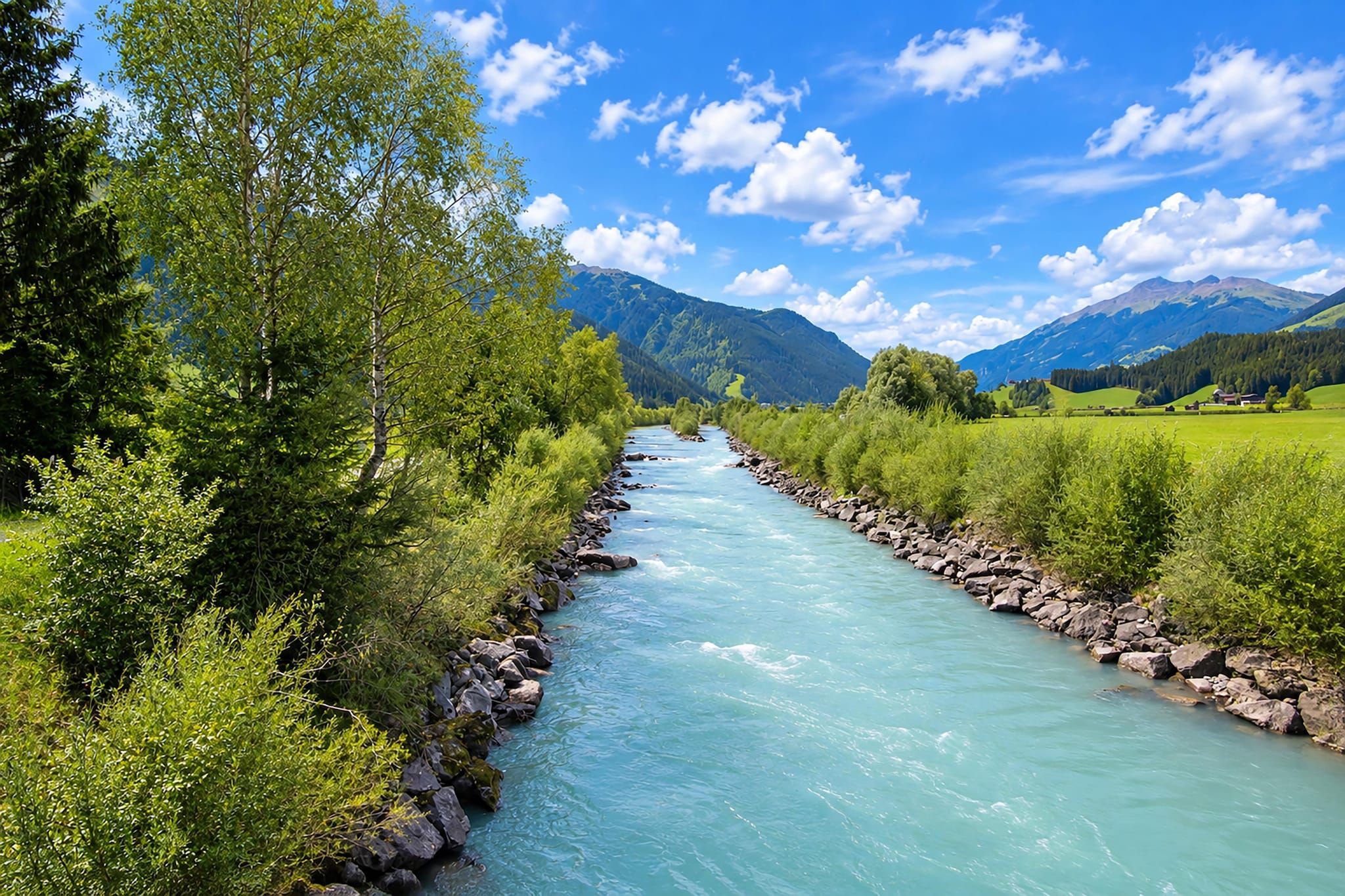 A river flowing through a valley with mountains in the background.