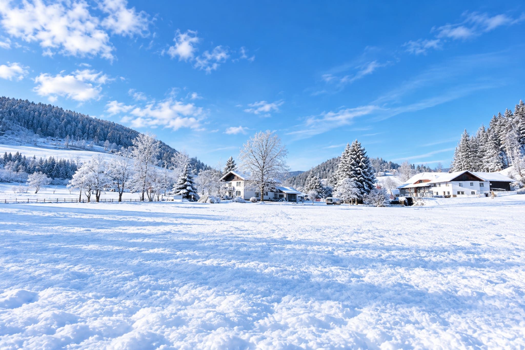 A snowy landscape with houses and trees.