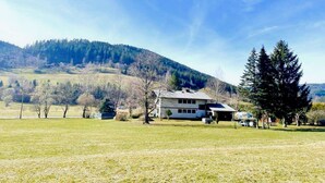 A house with a large lawn, a garage, and a mountain in the background. - Chalet in Flattnitz near Ski Slopes & Lakes (Karnten)