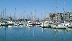 Uma marina com vários veleiros atracados, rodeada por edifícios.