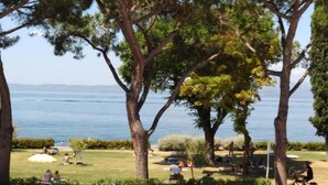 Un parco con alberi, un muro in pietra e persone che si rilassano.